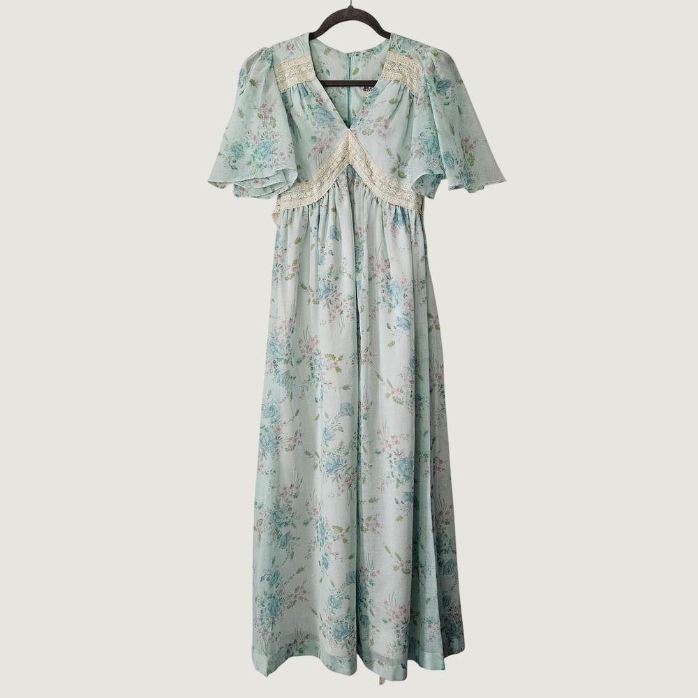 Act I Vintage Floral Maxi Dress Womens Lace Flutter Sleeve Cottagecore‎ Rare